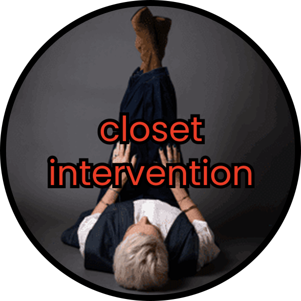 Artistic photo of two people posing with "closet intervention" text.