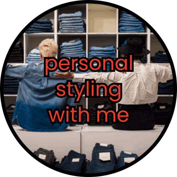 Two people choosing clothes with text 'personal styling with me'.