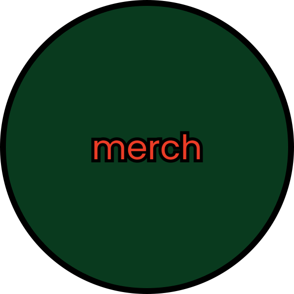 Dark green circle with the word 'merch' in red at the center.