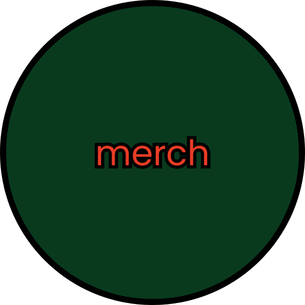 Dark green circle with the word 'merch' in red at the center.
