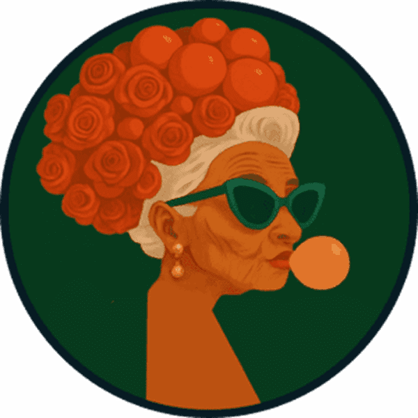 Stylish woman with rose hair and sunglasses blowing bubblegum.