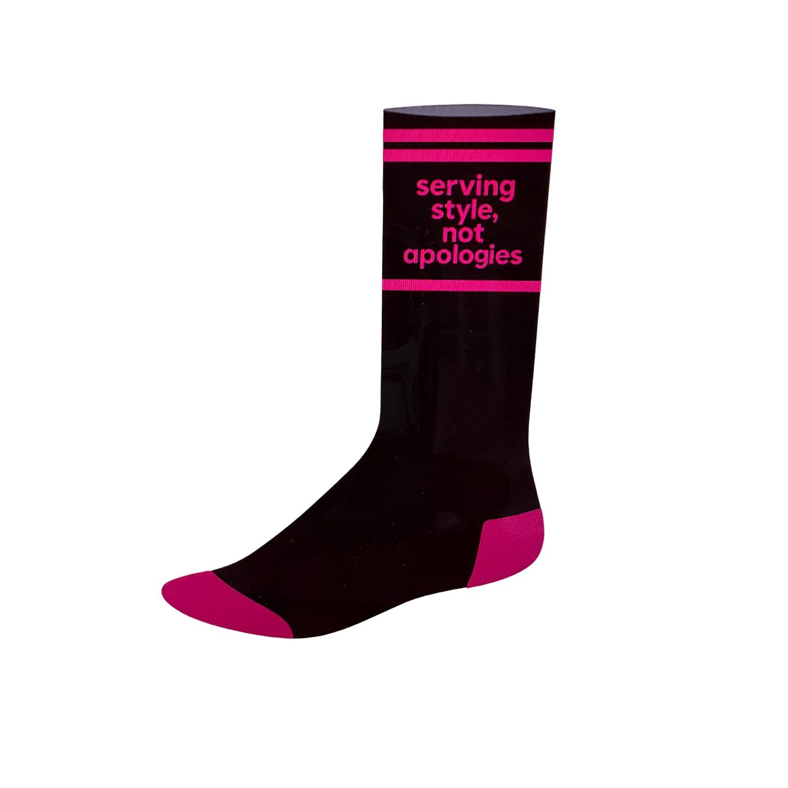Black sock with pink heel, toe, and text design.